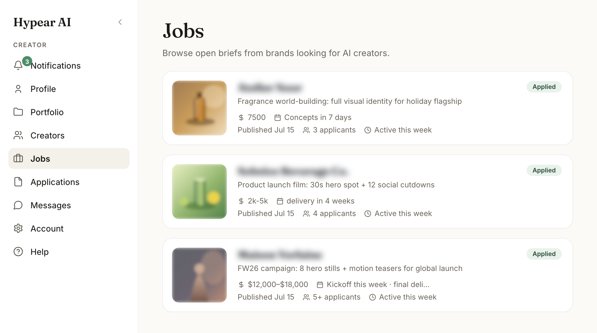 The Hypear brief feed — live brand briefs from real companies, names blurred for privacy